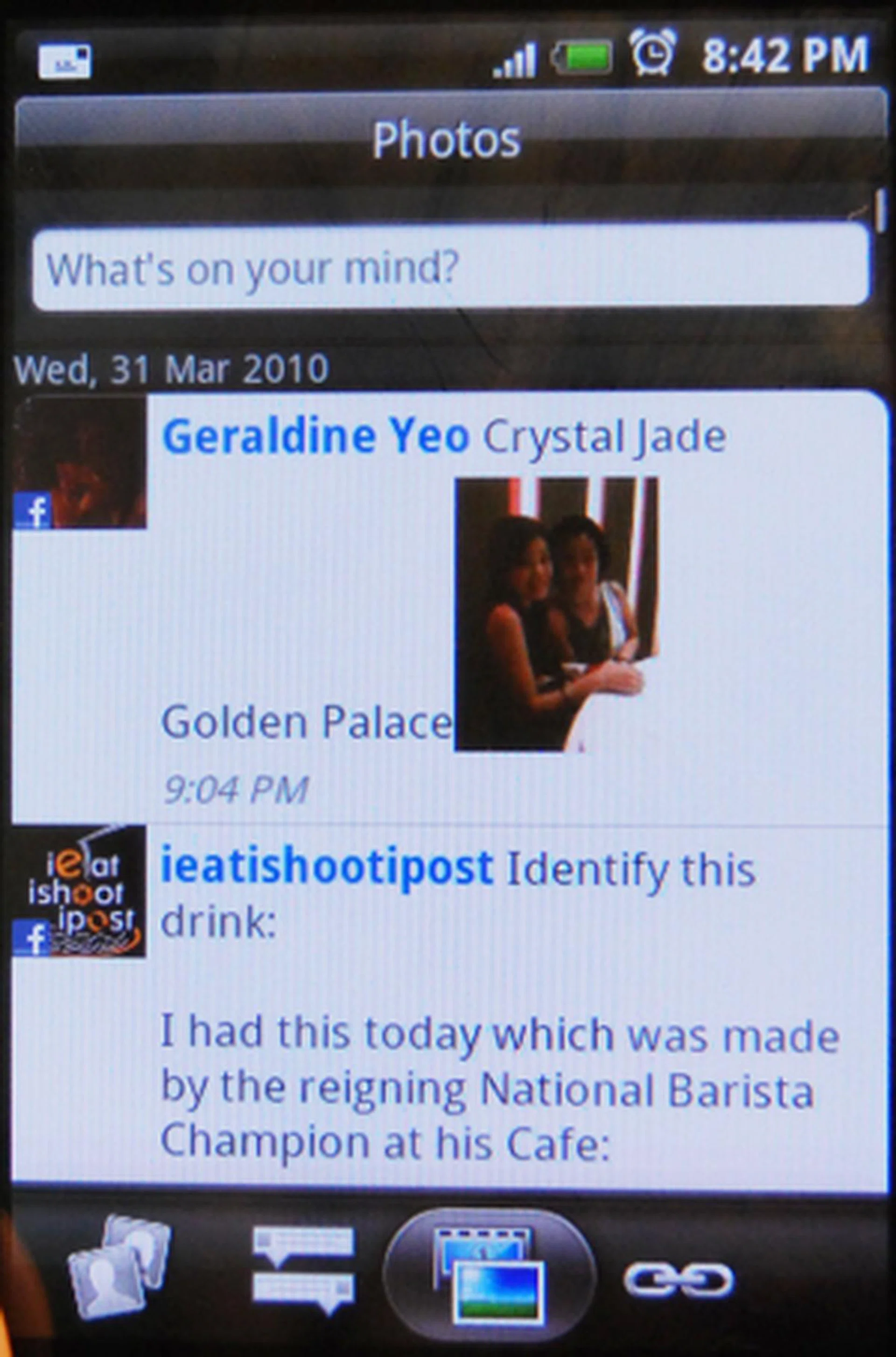 On pressing the enter button (marked with an arrow) on the FriendStream widget brings you to a page with four tabs - All Updates, Status Updates, Photos, and Links. Seen here is the Photos tab, where all updates with photos will be sieved out and displayed here.