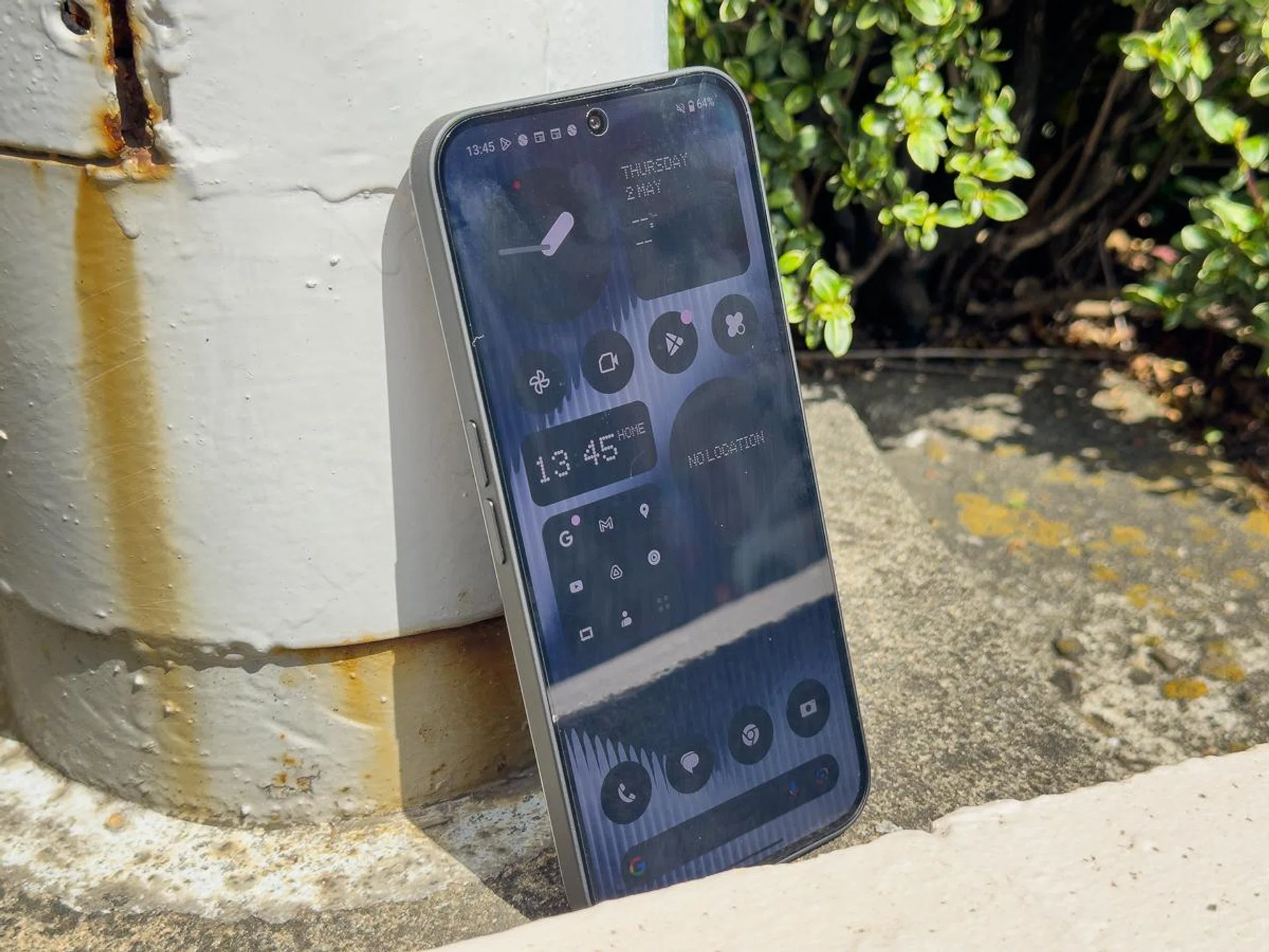 Under intense 2pm sunlight.