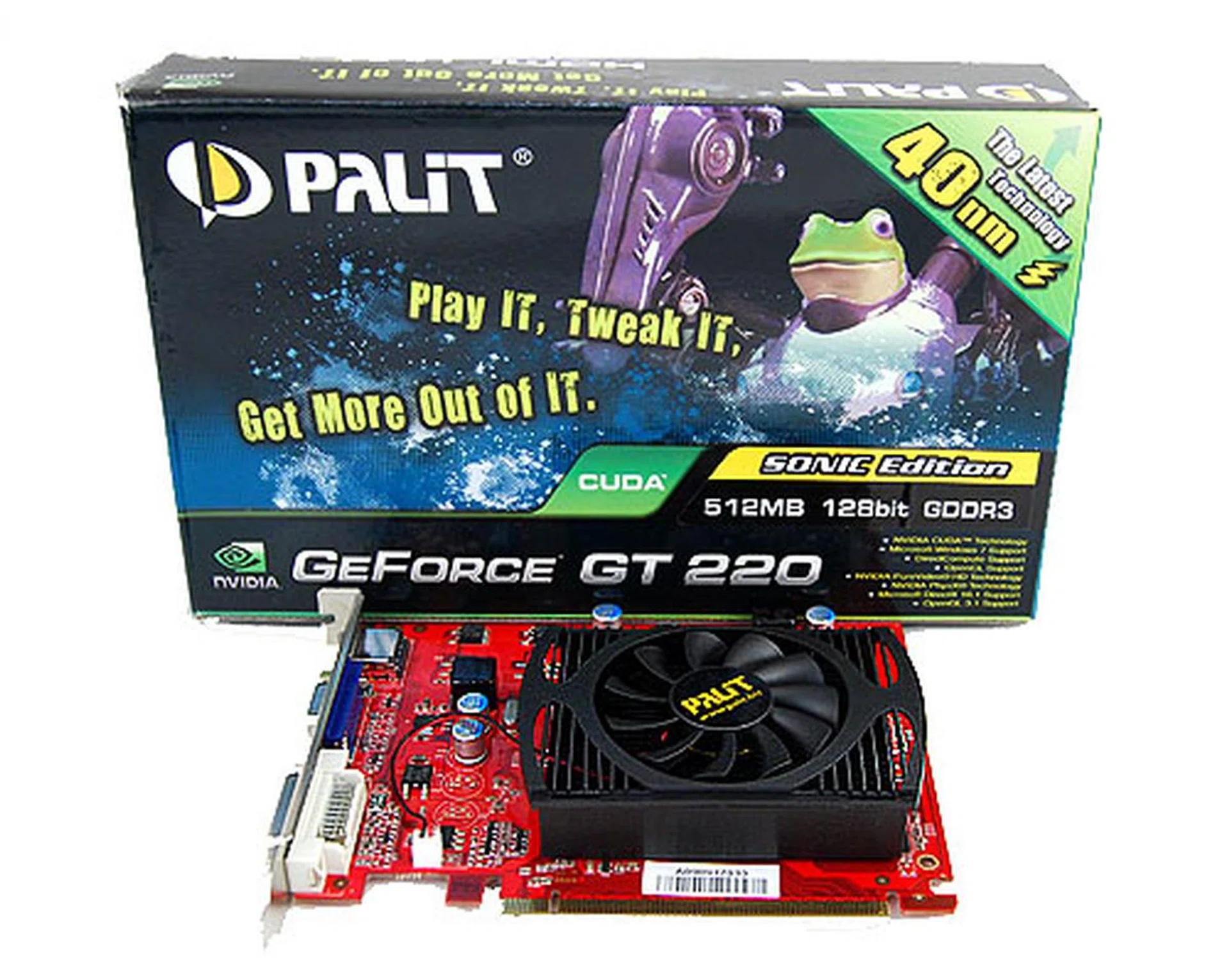 The Palit GeForce GT 220 Sonic has Frobo on the packaging and proudly states that it uses the latest 40nm manufacturing technology.