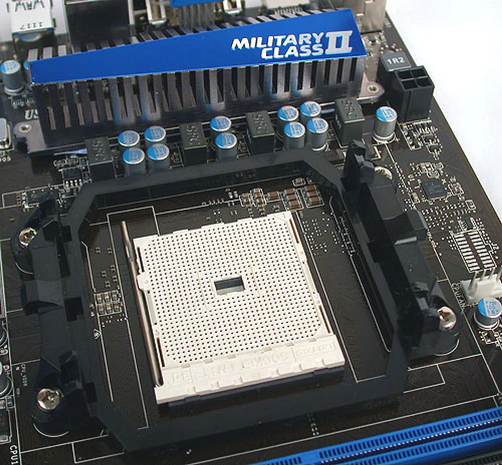 The FM1 socket surrounded by MSI' military grade components, like ferrite chokes and solid capacitors.