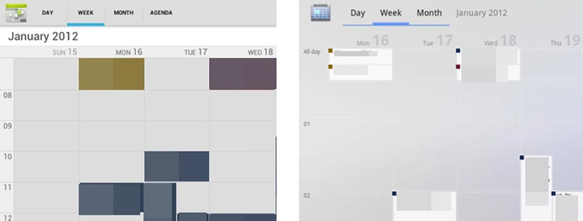 The Android 4.0 calendar (left) gets a cleaner and more obvious look than its Honeycomb predecessor (right).