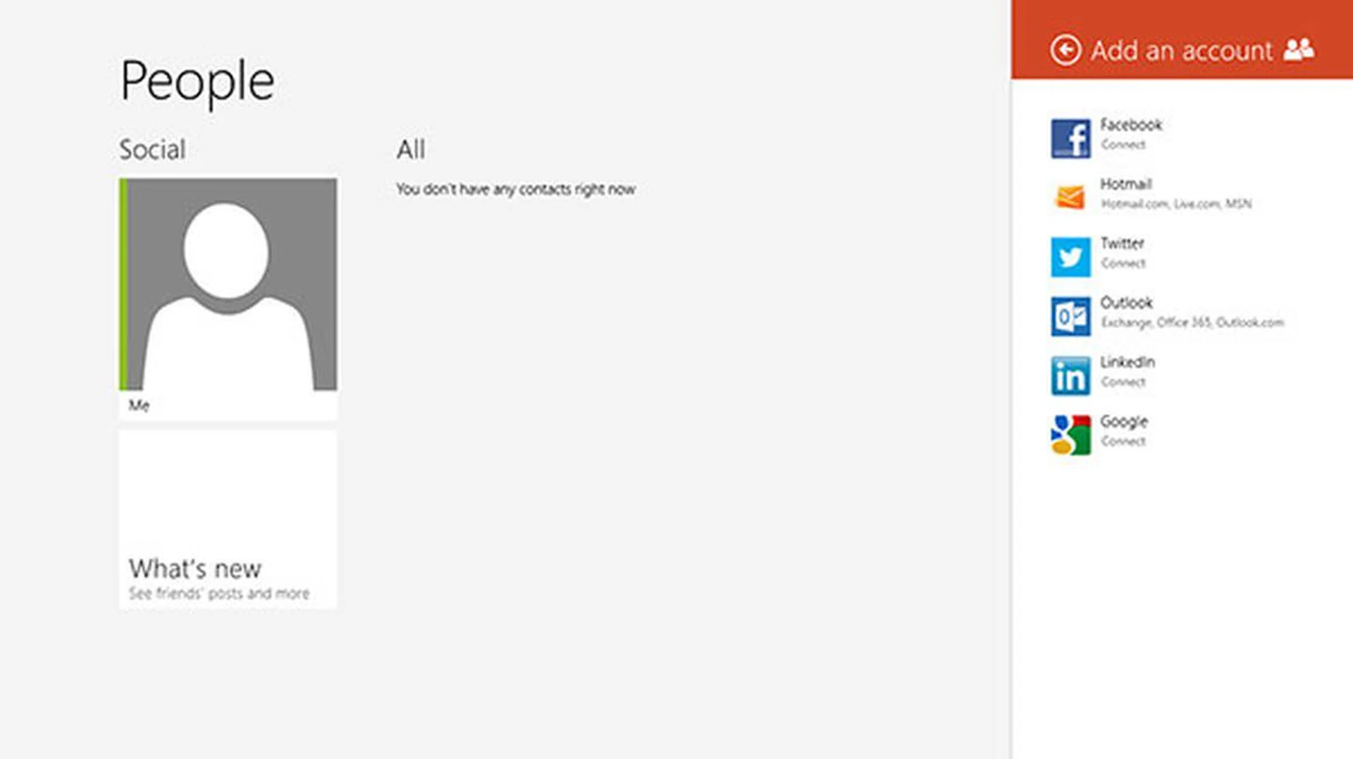 Facebook, Hotmail, Twitter, Outlook, LinkedIn, and Google accounts are supported in the People app.