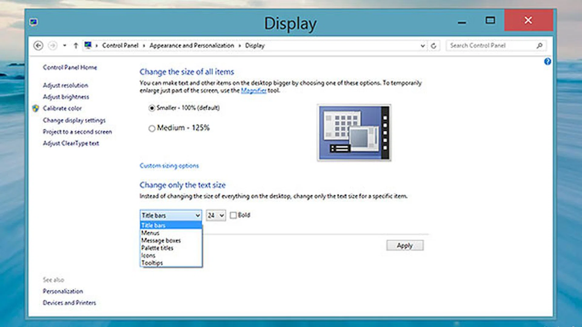 Rather than changing the size of everything on the desktop, you can change only the text size for a specific item, such as the text in the title bars or menus. This is great for reading on a small screen, such as a tablet.