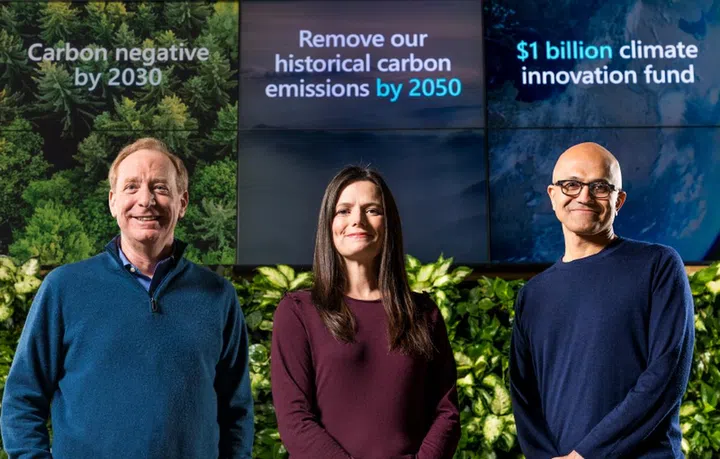 Microsoft President Brad Smith, Chief Financial Officer Amy Hood, and CEO Satya Nadella. (Image source: Microsoft)