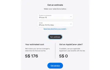The estimated cost of a battery replacement for the Apple iPhone 16 Pro is S$176. 