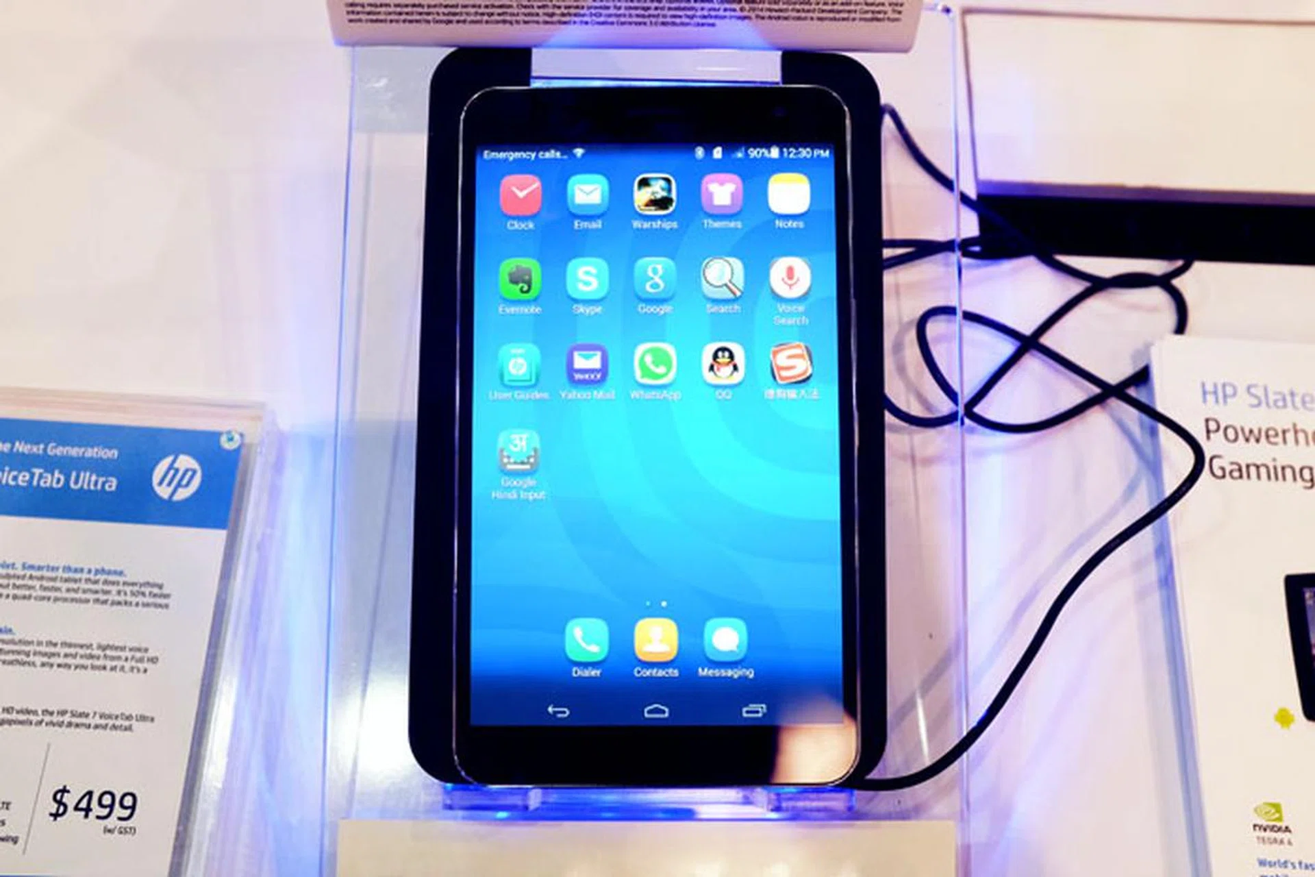 The HP Slate7 VoiceTab Ultra is a tablet with full telephony capabilities. It boasts a 7-inch Full HD display, and is powered by a Cortex A9 quad-core 1.6GHz processor running on Android 4.2 Jelly Bean upgradeable to 4.4 KitKat. It is available at HP's booth for $499, and comes with a free case worth $59.