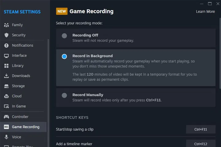 Restart Steam if the Game Recording section does not appear. Image: HWZ