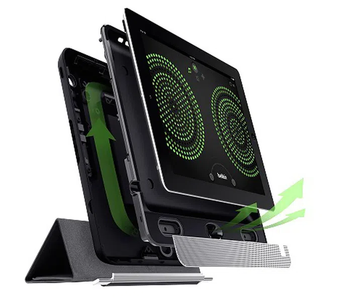 Here's a cross-section of the Thunderstorm showing its front-facing ported speakers with integrated air channels. According to Audifi, the physical aspects are designed for optimal airflow that helps to better reproduce bass frequencies. Also seen in this diagram is a magnetically attached folding soft cover that allows multiple stand configurations.