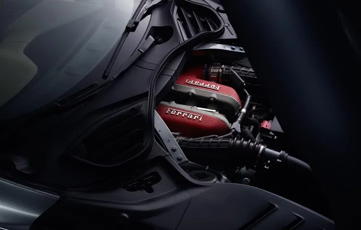 The motor is positioned as close to the firewall as possible to ensure 50/50 weight distribution. (Image source: Ferrari)
