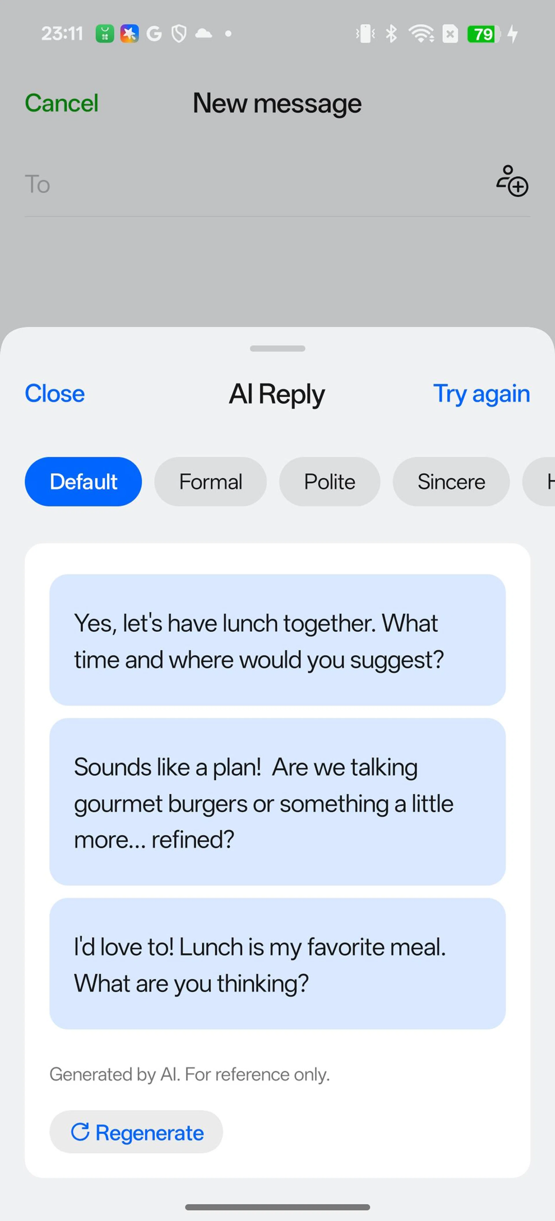 AI Reply generates so many alternatives, and you might be spoilt for choice. Screenshot: HWZ.