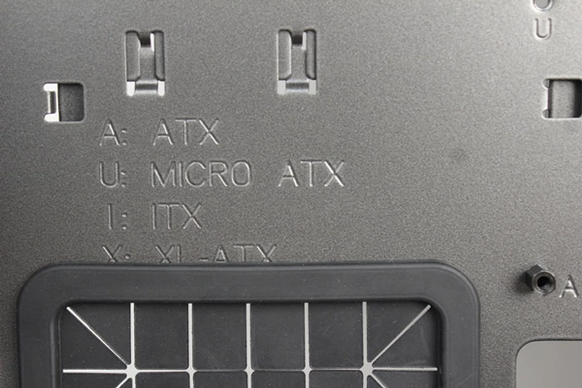 The legend is also etched on the motherboard tray to quickly decipher what letter of the alphabet represents the form factor of the motherboard supported.
