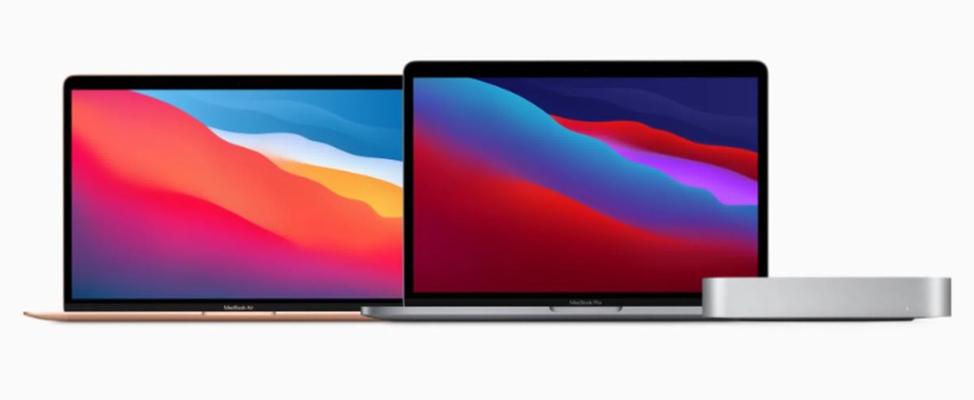 Here are the three new Macs that feature the new M1 chip. From left to right: MacBook Air, 13-inch MacBook Pro, and Mac Mini. (Image source: Apple)
