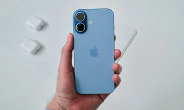 The Apple iPhone 17 mist blue.