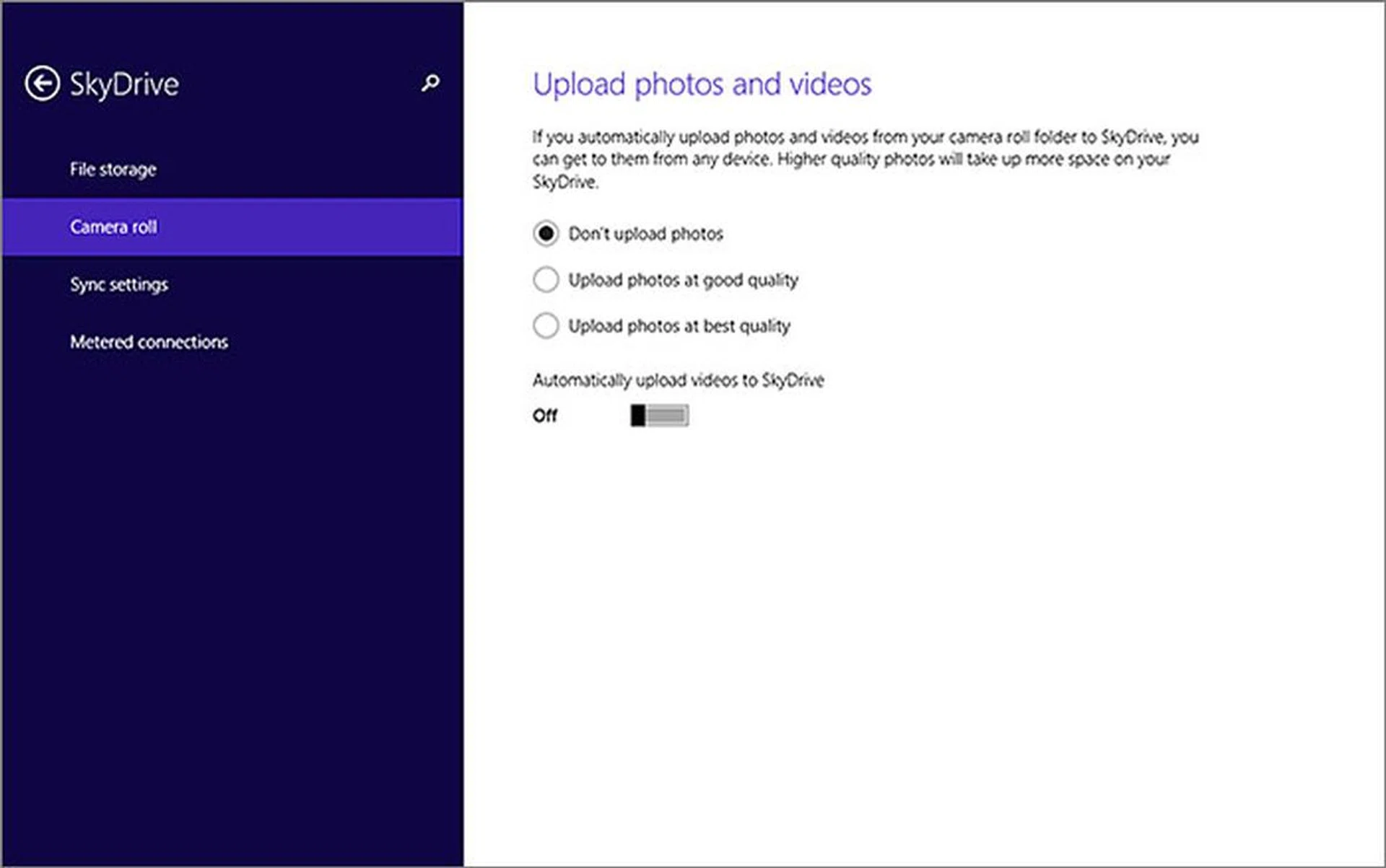 Most devices these days come with a built-in camera. Windows 8.1 allows you to upload your photos and videos to SkyDrive automatically.