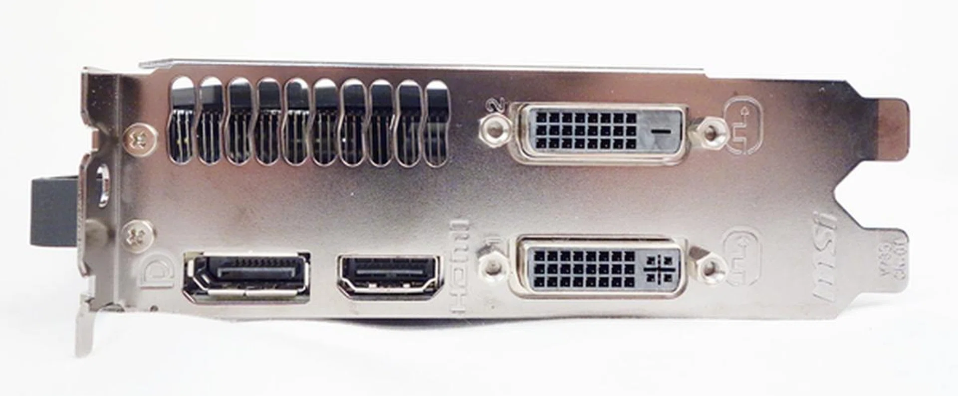 The rear video connectivity ports of the MSI GTX 780 card. The view here is almost identical to the ASUS card, save for the wave pattern of the vents and the embossed MSI logo, found on the rear back plate.