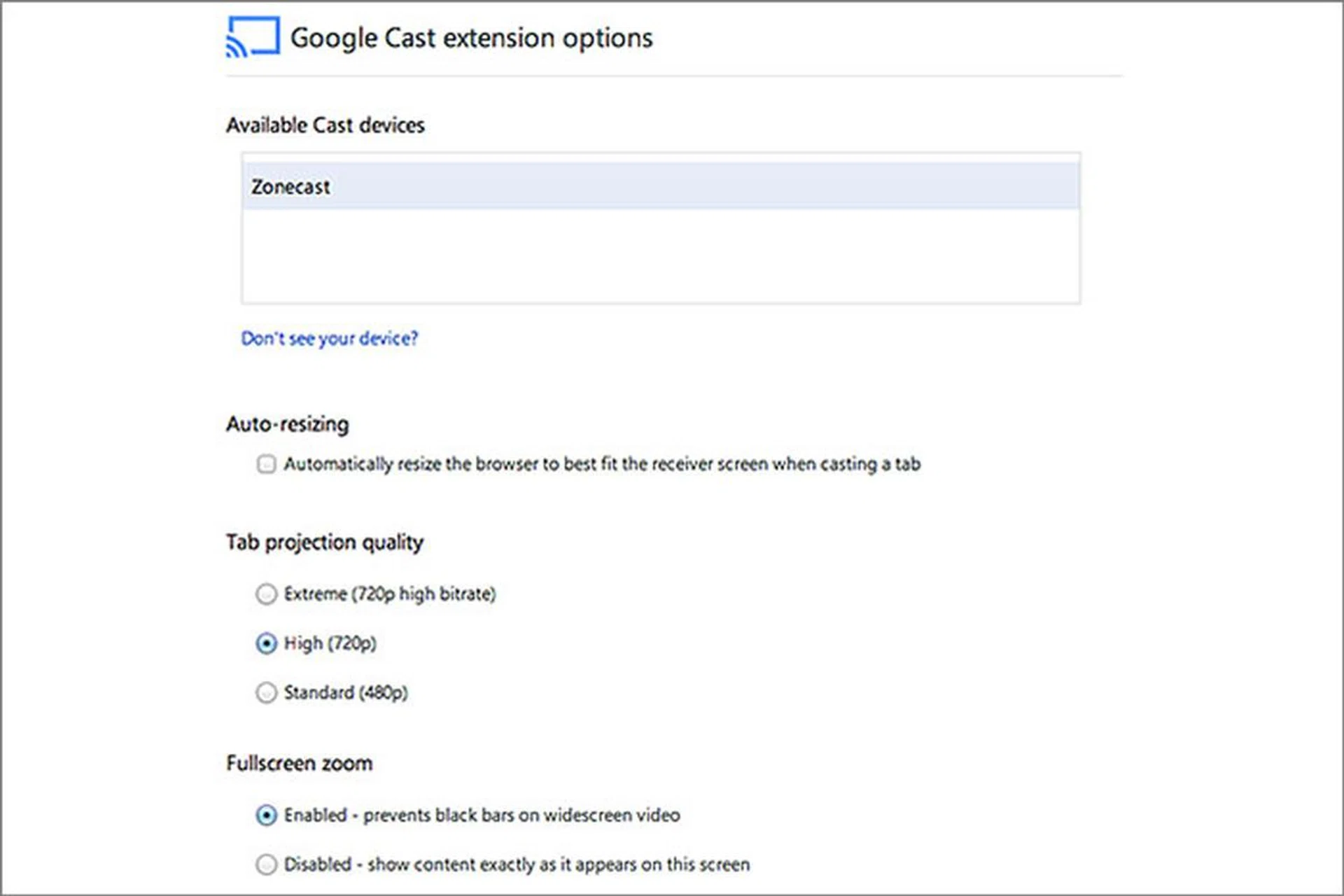 The Cast extension options allow you to adjust tab projection quality among other things. The highest quality is the 'Extreme' 720p high bitrate (about 5Mbps) mode. The Chromecast hardware is capable of VP8 and H.264 decoding.