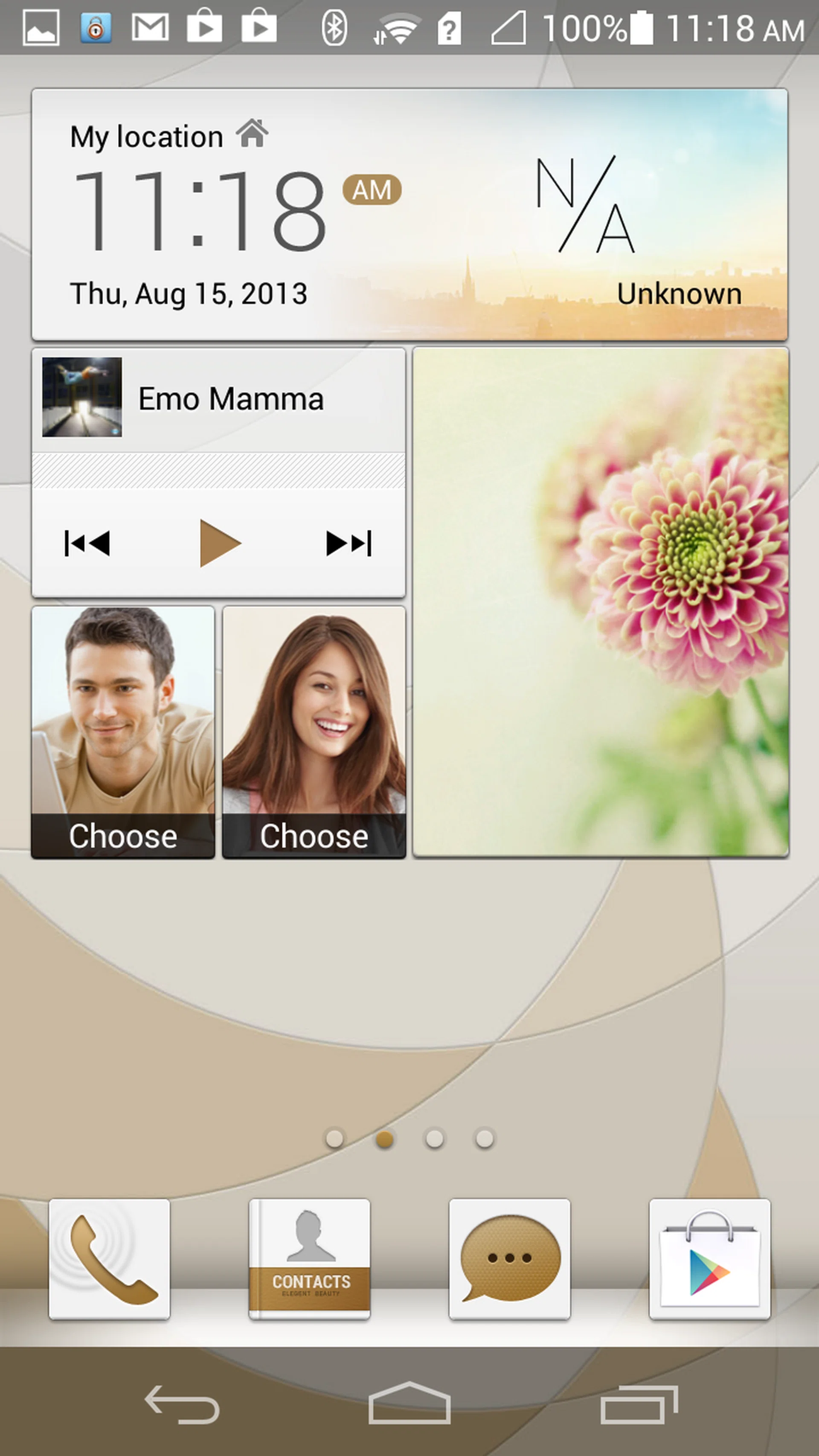 Huawei's 'Me' widget serves as a home page of sorts, displaying your time, weather, messages, contacts and pictures. You can also play music from here.
