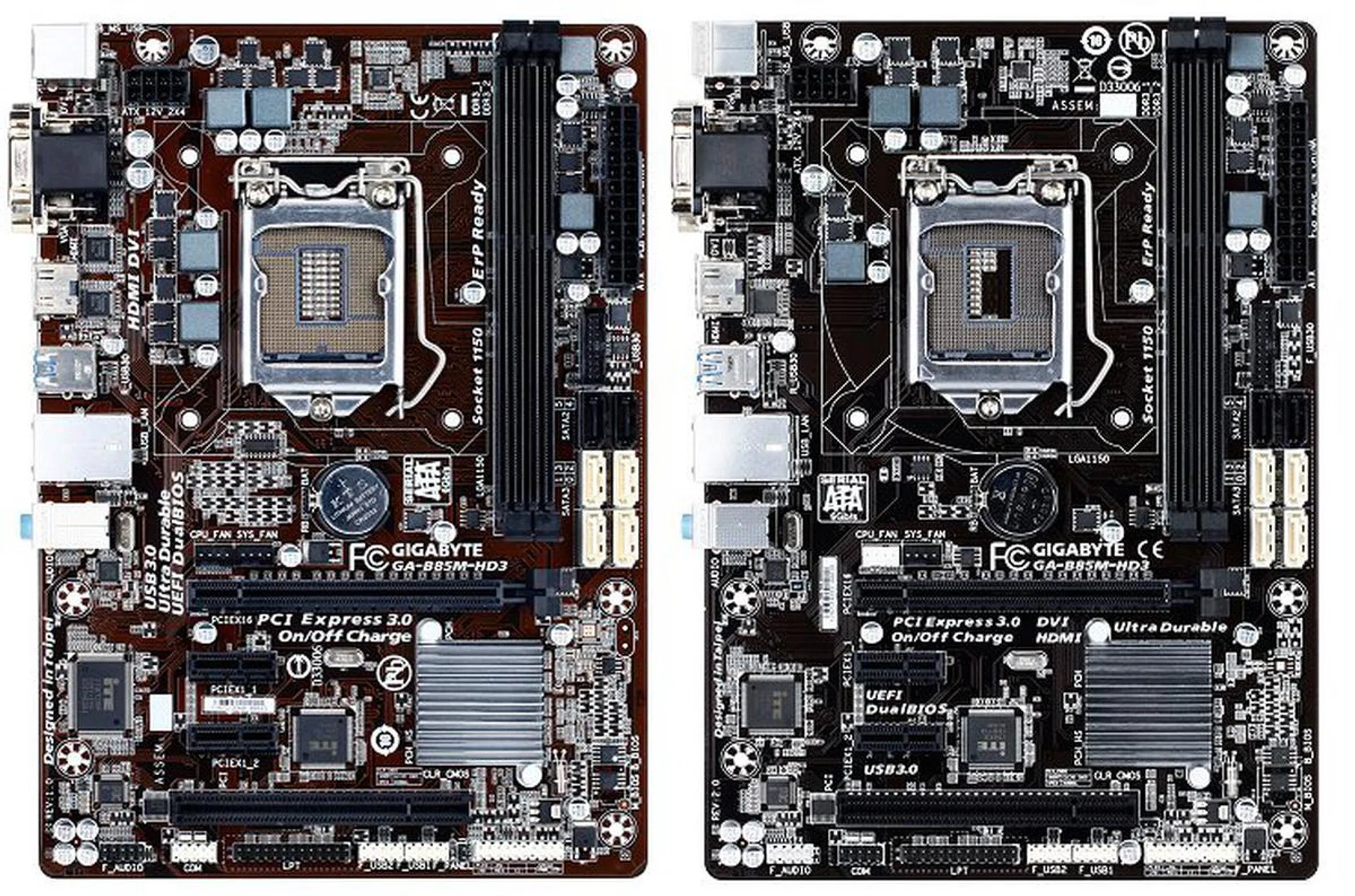 Gigabyte's GA-B85M-HD3 revisions compared - Revision 1.0 (left) vs. Revision 2.0 (right). Note that this board isn't available locally.