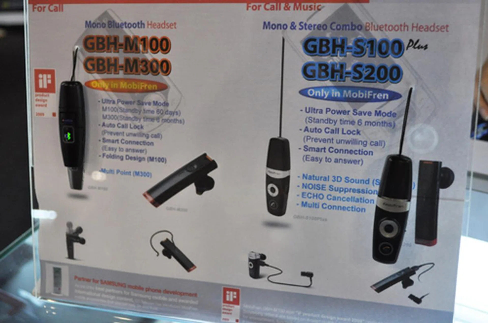 MobiFren Bluetooth headsets can be found at McCoy, ranging from the $59.90 GBH-M100 (pictured, left) to the $129.90 GBA-S1100.