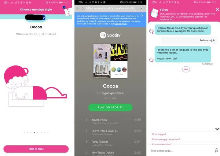 In an attempt to appeal to the younger crowd, the Giga app is designed to be colorful and trendy. You can select a few custom avatars, which even has their own curated Spotify playlists to match their personalities. Even customer service is handled by an AI chatbot cat called Gino. You can ask him questions about Giga or tell you jokes (yes, I know I spelled joke wrongly, but Gino still understood what I wanted to say). Of course, you can request to speak to a real customer service person as well.