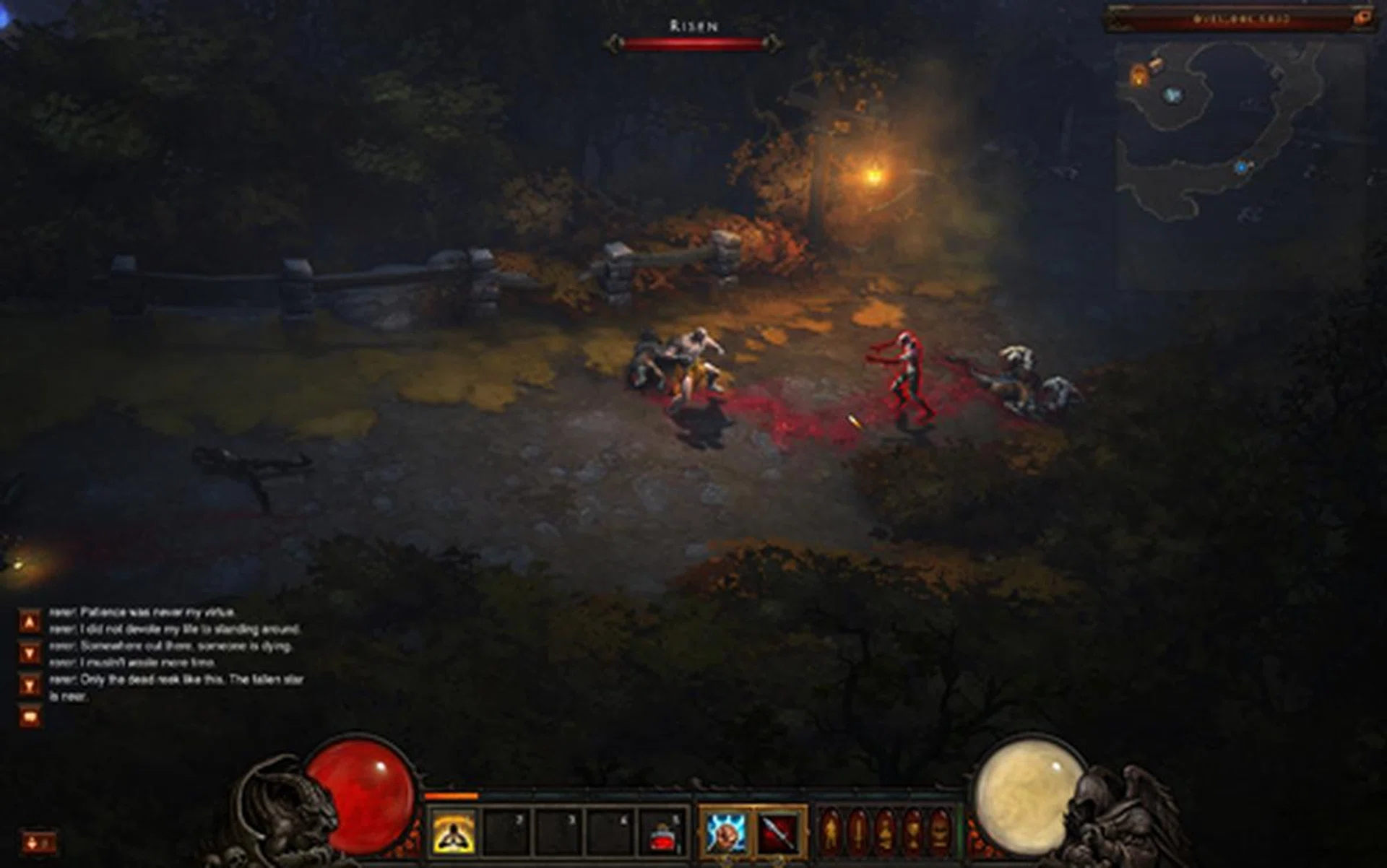 A lonely winding road, with a few enemies and a couple of nice lighting effects courtesy of some conveniently located torches.