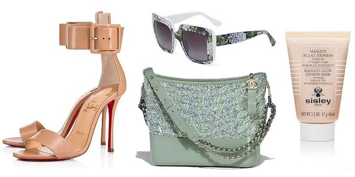 Heel, Christian Louboutin. Sunglasses, Dolce &amp; Gabbana. Bag, Chanel. Radiant Glow Express mask, Sisley.