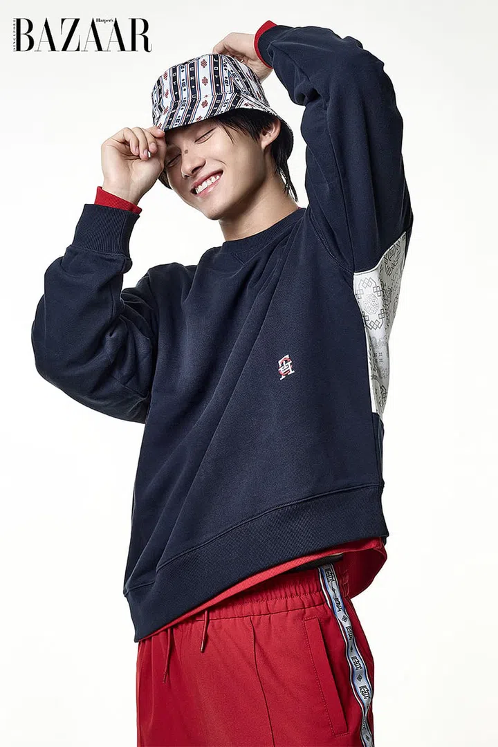 Sweater; tracksuit trousers; bucket hat, TOMMY X CLOT.  