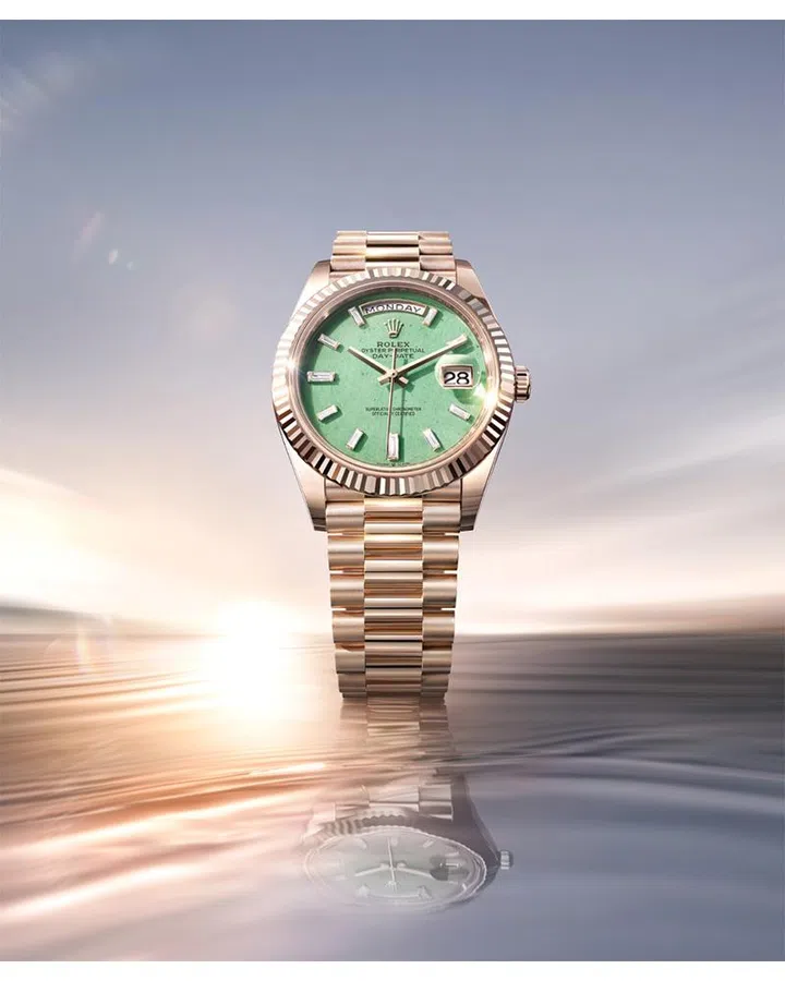 Watches and Wonders 2026 | Rolex Oyster Perpetual Day-Day 40 in 18ct Jubilee gold with a light green aventurine dial 