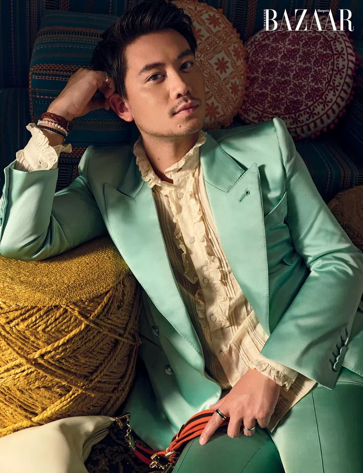 Blazer. matching trousers, top and bag, all from Gucci. Bracelets, Russell’s own. (Photo: Wee Khim)