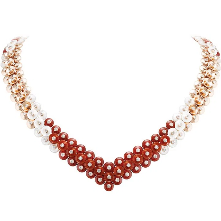 Pink gold, mother-of-pearl, carnelian and diamond Bouton d’Or necklace