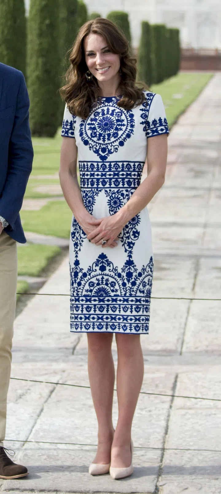 The Duchess wore a chic, blue-and-white Naeem Khan shift dress for her visit to the Taj Mahal, where she and Prince William recreated Princess Diana's iconic photo.