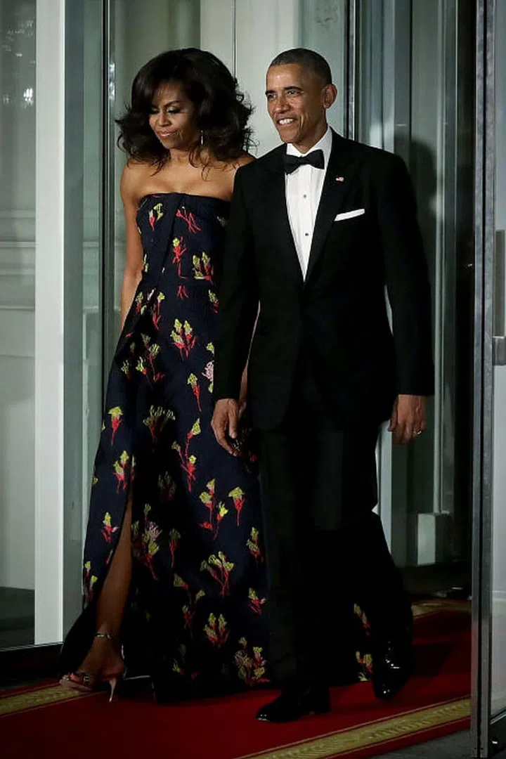 This custom, strapless jacquard gown by Jason Wu is perfection on the first Lady.