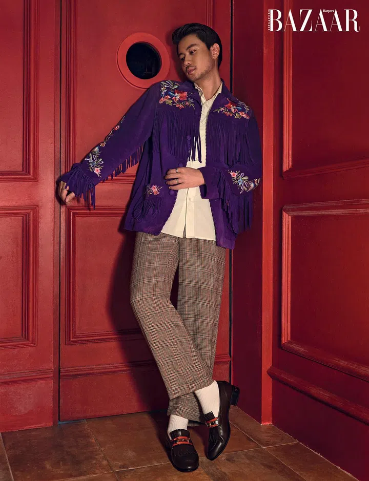 Jacket, shirt, trousers, and shoes, all from Gucci. Socks, stylist’s own. (Photo: Wee Khim)