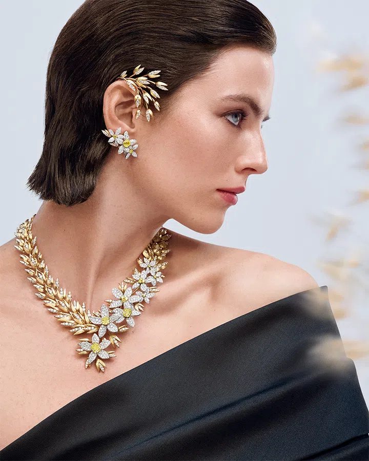 Model wears Chaumet’s Jewels by Nature yellow diamond oat field jewellery