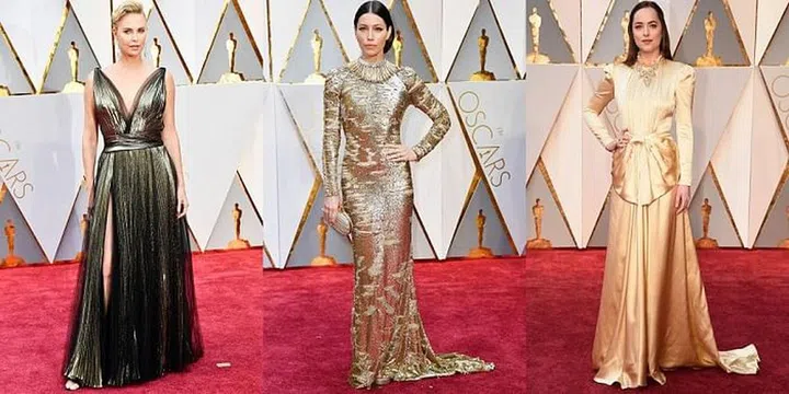 Metallics in general had a major moment, but the ladies in gold set the standard. Left to right: Charlize Theron in Dior Couture, Jessica Biel in Kaufman Franco, Dakota Johnson in Gucci. 
