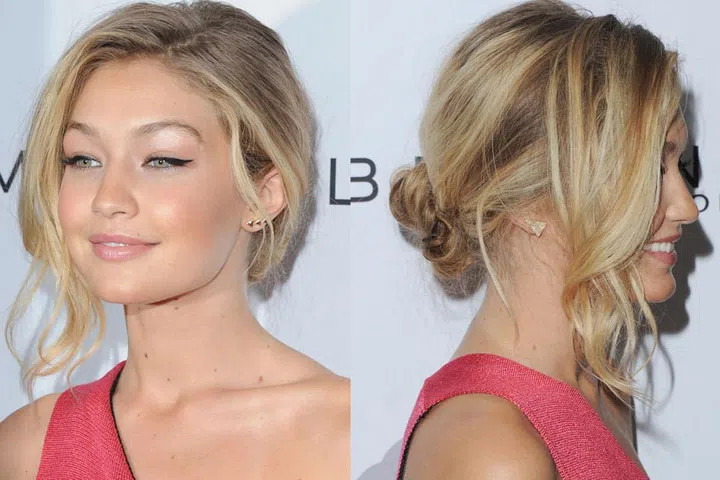 This falling-out chignon Hadid wore in early 2015 is effortless— but not really. Photo: Getty