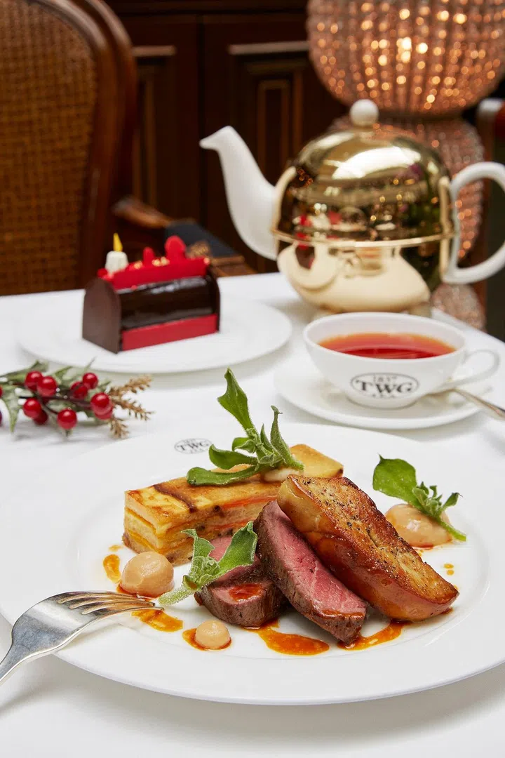 Pan-seared Beef Tenderloin and Nargila Tea-infused Seared Foie Gras, with Potiron and Comté Cheese Pudding