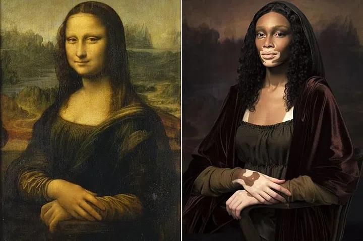From left: Leonardo da Vinci’s Mona Lisa, 1503-6; On Winnie: Denis Colomb stoles (worn as a headdress, top and sleeves). Photo: PARI DUKOVIC