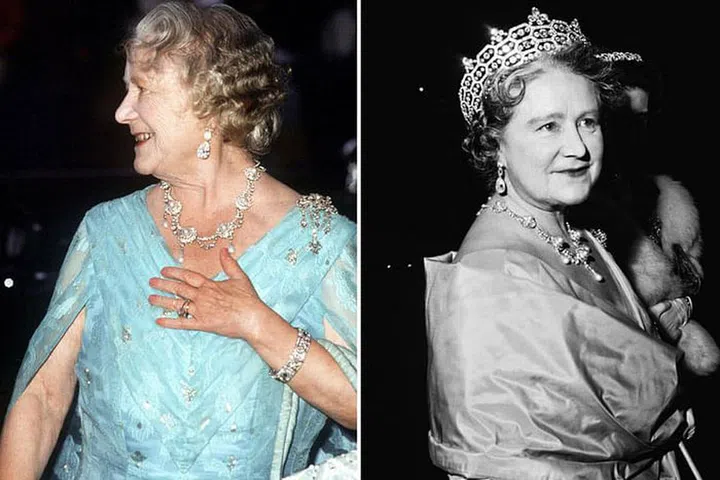 The Queen Mother wearing the necklace in 1985 and 1964.
Photo: Getty