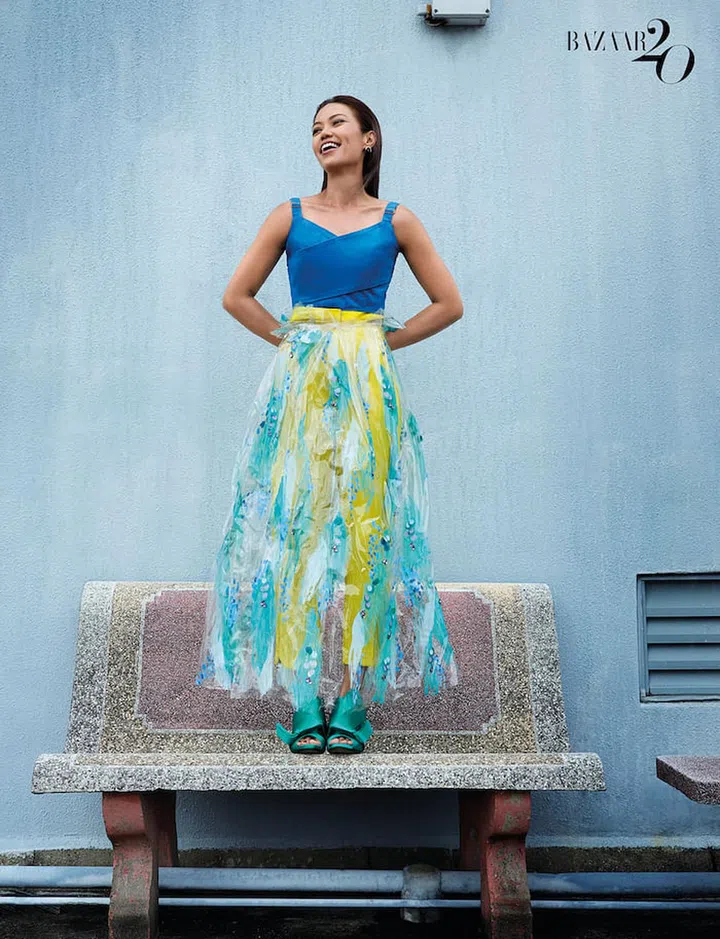 Top, skirt, trousers, earring, and heels, all Dahlia’s own. (Photo: Wee Khim)