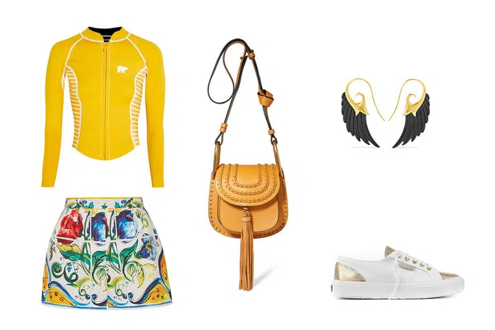 Neoprene Top, Perfect Moment. Shorts, Dolce & Gabbana. Bag, Chloé. Earrings, Noor Fares. Sneakers, Superga.