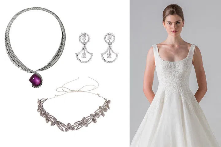 Clockwise from top left: Cartier Magicien white gold, rubellite, black laquer and diamond necklace. Juliette diamond earrings, from Damiani. Swaorovski crystal tiara, from www.jenniferbehr.com.