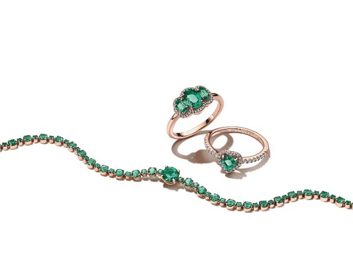 From top: Rose gold-plated and green crystal Three Stone Vintage ring, $249; Sparkling Elevated Heart ring, $159; Sparkling Pavé Tennis bracelet, $249 (Photos: PANDORA)