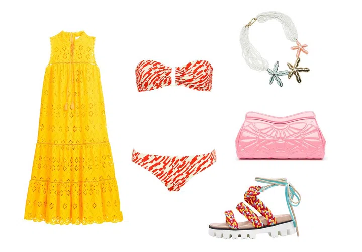 Dress, Kate Spade New York. Bikini, Eres. Necklace, Bimba Y Lola. Clutch, Miu Miu. Sandal, Red Valentino.
