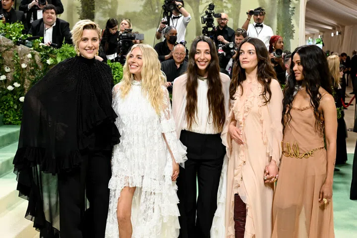 Greta Gerwig, Sienna Miller, Chemena Kamali, Emma Mackey and Zoe Saldana at the 2024 Met Gala: "Sleeping Beauties: Reawakening Fashion" held at The Metropolitan Museum of Art on May 6, 2024 in New York City. (Photo by Gilbert Flores/Variety via Getty Images)