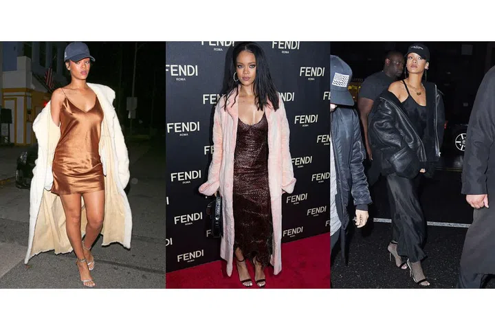 Rihanna would never be content to don a simple slip dress — instead this innovative style star mixes her slip with baseball caps, leather jackets, and furs of all shapes and sizes. Photo: Getty