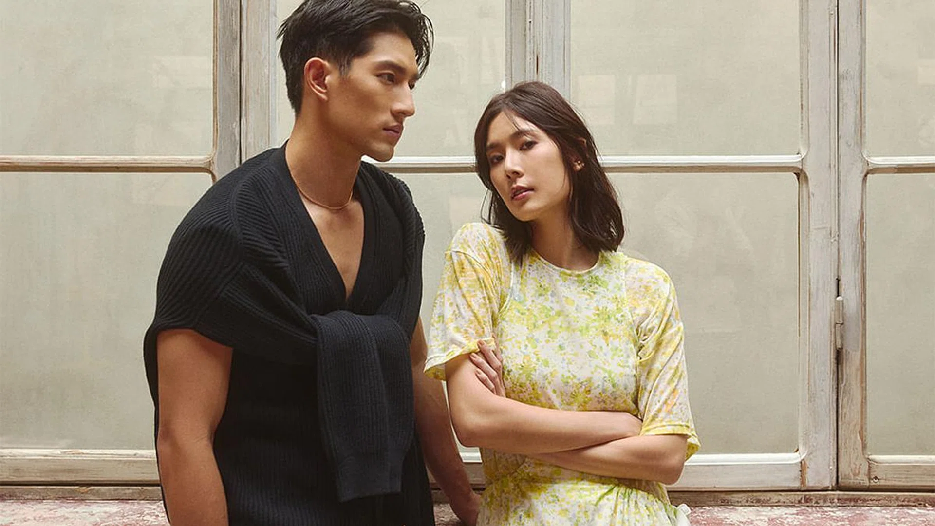 (On Ayden Sng) Cardigan and (on Carrie Wong) dress, Onitsuka Tiger. Photo: Hans Goh