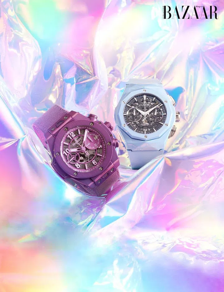 (From left) Aluminium Big Bang Unico Summer Purple (42mm) watch; ceramic Classic Fusion Aerofusion Chronograph Orlinski Sky Blue Ceramic (45mm) watch