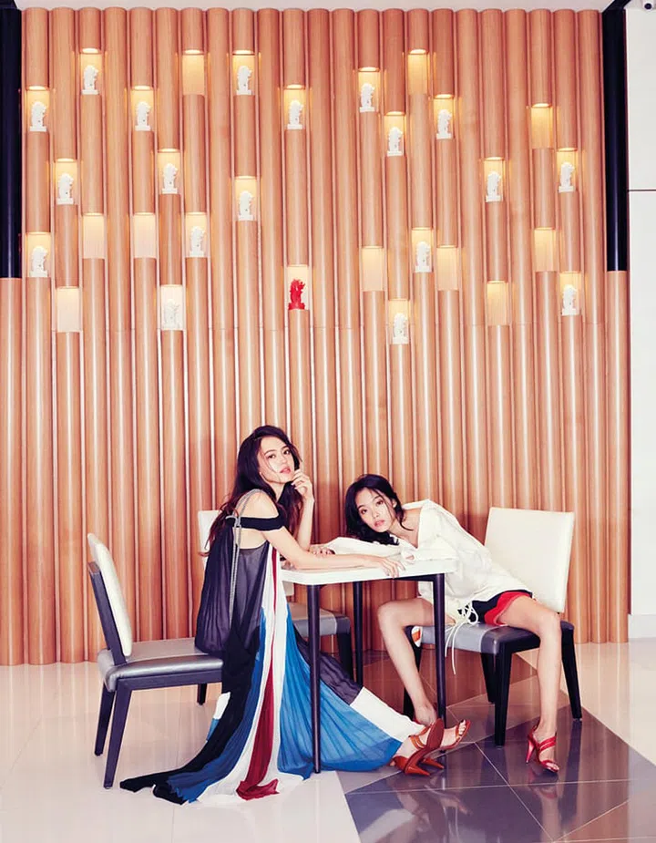 (Left) Georgette dress; calfskin Niko sandals. (Right) Cotton jersey sweater; cotton twill shorts; calfskin Niko sandals
