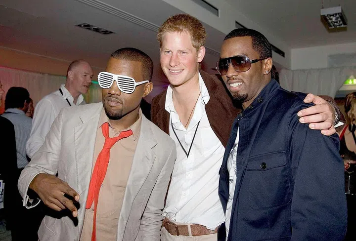 Kanye West, Prince Harry, and P. Diddy attend a party at Wembley Stadium following the Concert for Diana event, which the Princes organized to celebrate the life of their mother.